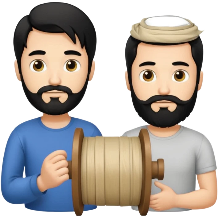 Man with long black hair tied in a spool and beard with a young short-haired blond without a beard emoji