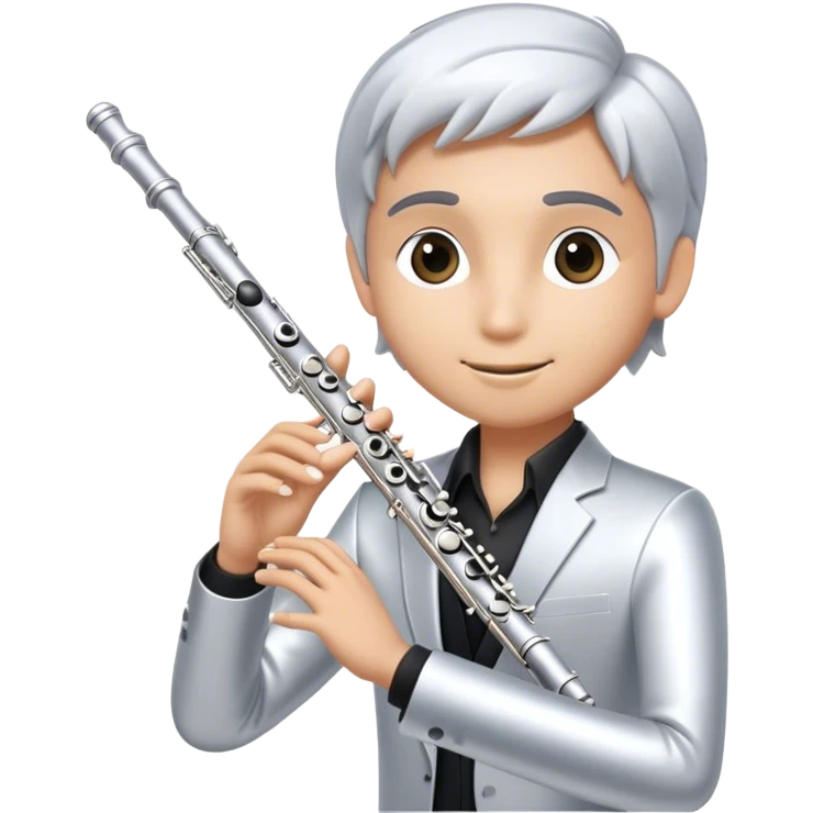 Cinematic Realistic Flute, polished silver metal with precise keywork, soft reflections of warm light dancing along its length, a musician’s delicate fingers pressing the keys, glowing with a sleek and elegant charm. emoji