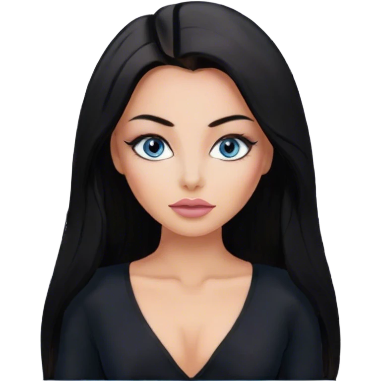 Glamours make-up, tanned, beautiful, girl, with blue eyes, big pump peach-beige-rose lips, eyeliner, long lashes, black straight smooth silky long hair, parting hair in the middle,  in black v-neck bodysuit long sleeves emoji