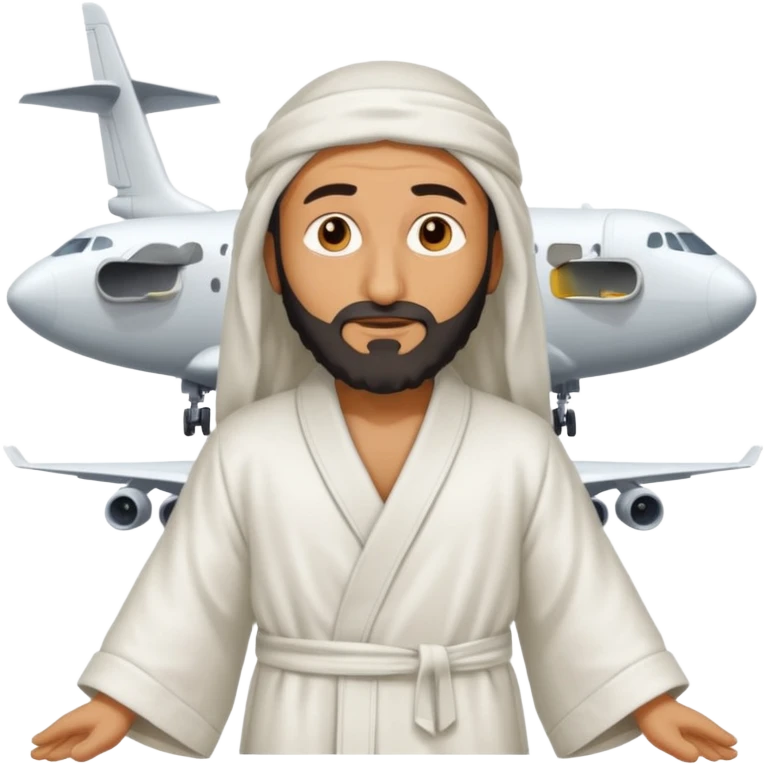 Osama bin Ladin standing on top of a plane with legs and a white robe standing on top of the plane emoji