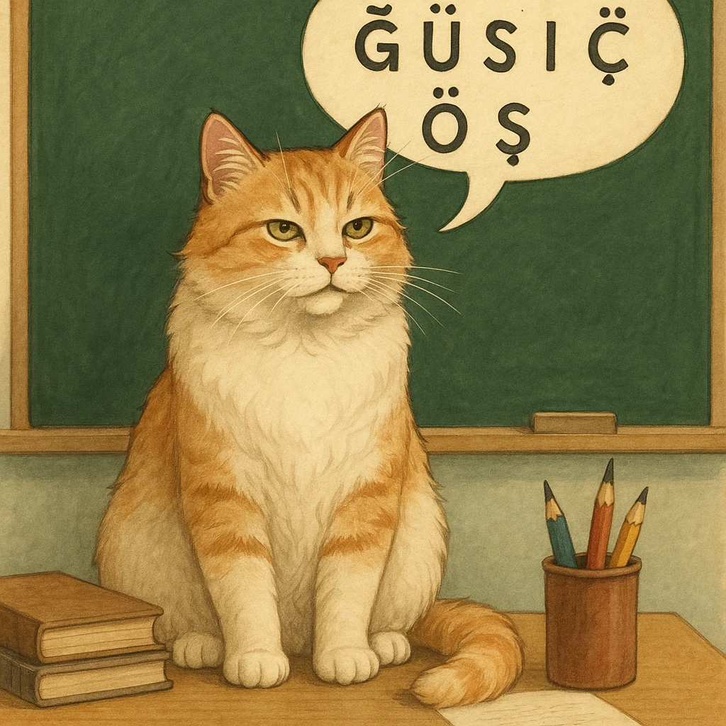 A Turkish cat with a speech bubble showing Turkish letters, sitting on a teacher's desk, looking wise emoji