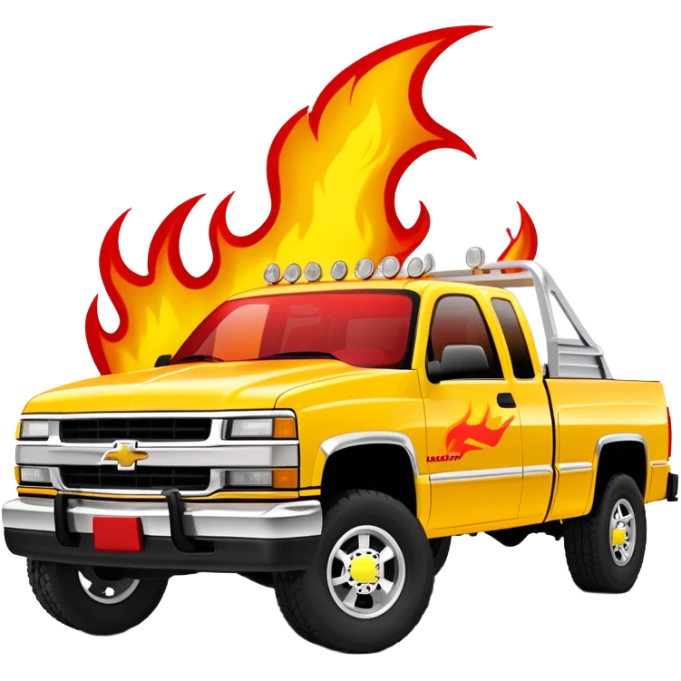 Yellow 1997 Chevrolet Silverado Crew Cab with prominent red flame graphics on the hood and front fenders, 30-degree angle, iconic Kill Bill truck, iOS emoji style emoji