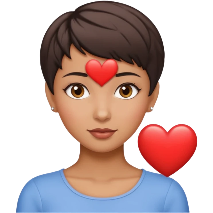 woman pixie cut dark brown hair, tan skin, brown oval eyes, heart shaped face emoji
