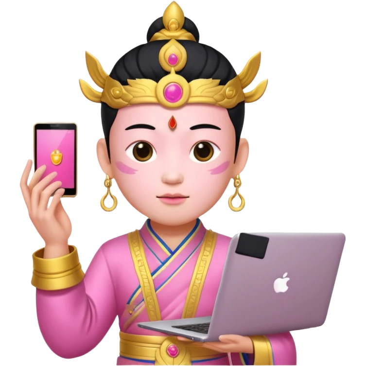 chinese god with laptop, pink emoji