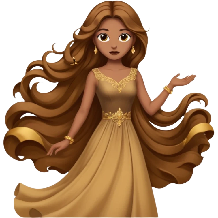 Woman using a long elegant dress. She has medium skin tone and a brown with gold makeup emoji