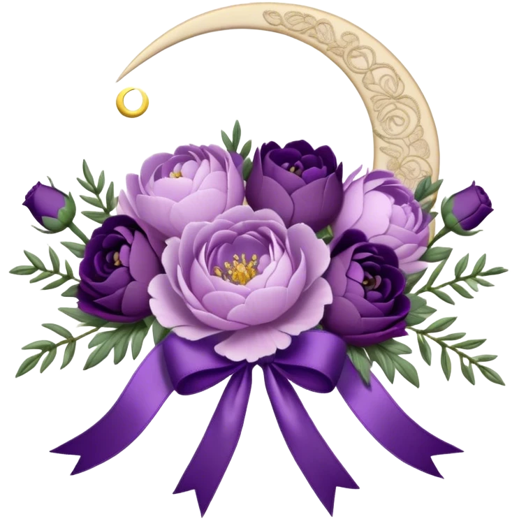 A vintage bouquet of lavender-hued peonies, deep violet roses, and soft lilac pansies, tied together with a silk ribbon in shades of plum and amethyst, rests beneath the glow of a crescent moon. Scattered around are tiny embroidered hearts on a delicate lace handkerchief, while the scent of dried lavender lingers in the cool evening air. emoji
