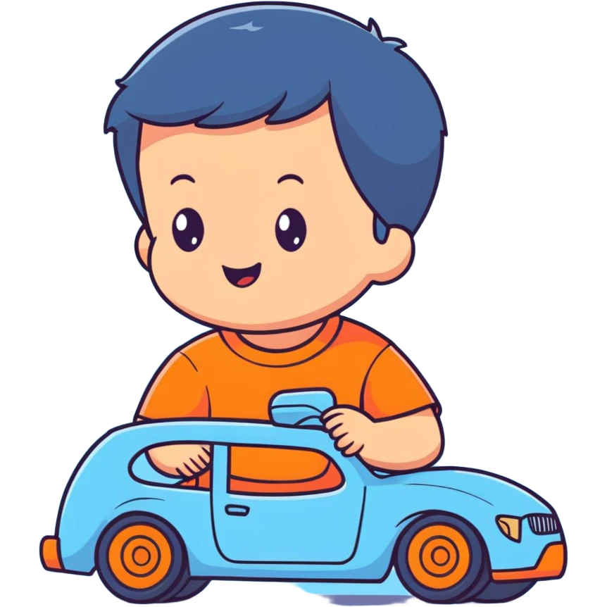 cute toddler boy with pastel blue clothes playing with a blue toy car emoji
