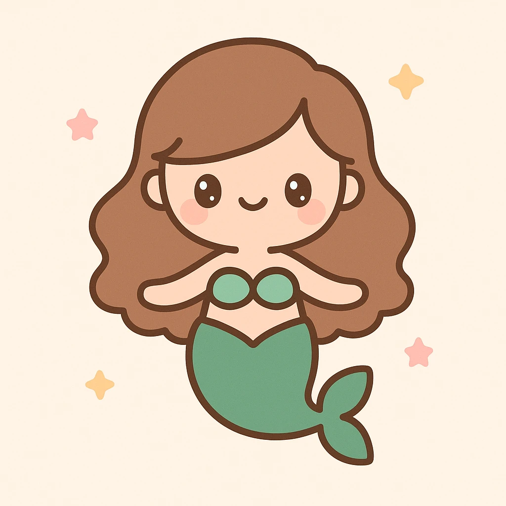 a mermaid with a forest green tail and chestnut brown hair, cute and whimsical style, charming, playful emoji