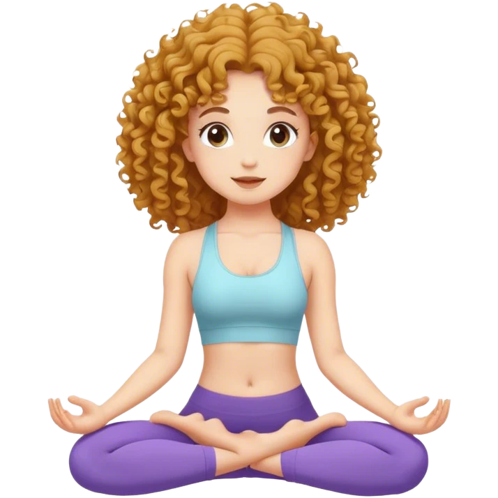 Una chica con pelo rizado, piel clara haciendo yoga emoji