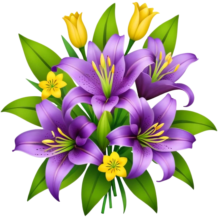 Bouquet of purple lilies with some yellow circular flowers in between  emoji