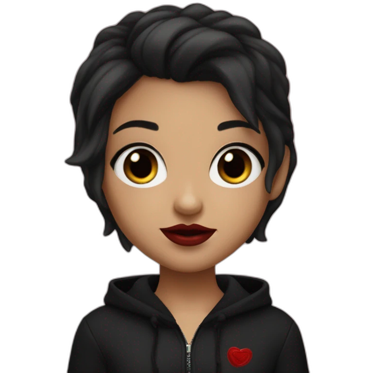 Tiny White girl lightly tanned with very short jet black coloured haircut (her hair are full black) black eyes and black hair wearing black messa hoodie like alyx Vance and red lipstick  emoji