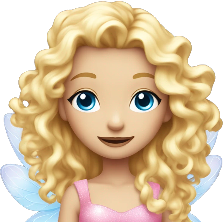 Fairy, a blonde hair with blue eyes and a pink dress with sparkly wings. White wings. The fairy has long, curly hair with a lot of volume emoji