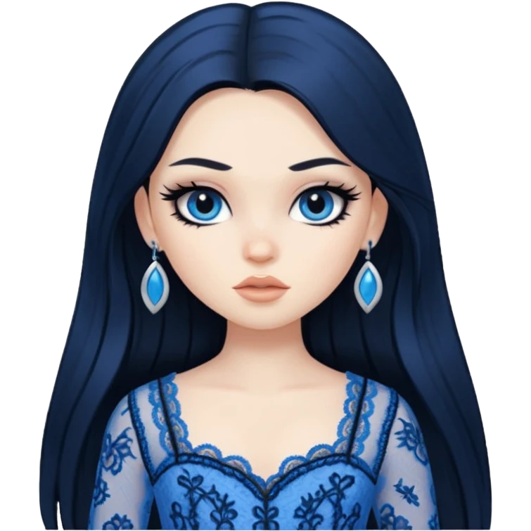 pretty, black long hair, pale skin, eyeliner, blue lace clothes, bratz baddie emoji