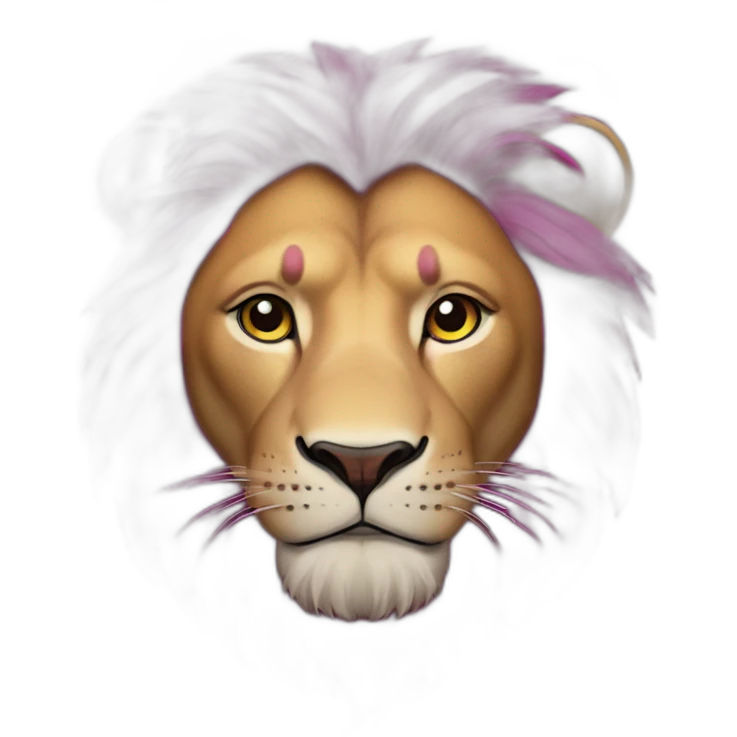 Lion with magenta hair, white left eye, closed right eye with scar, purple furr emoji