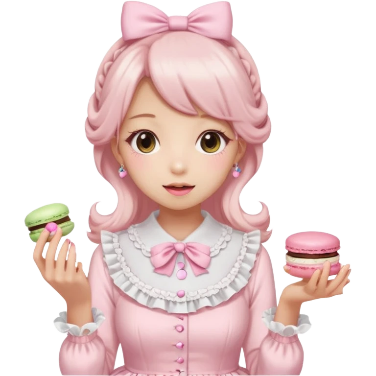 a girl in a light pink lolita hime gyaru dress holding a macaron, emoji style emoji
