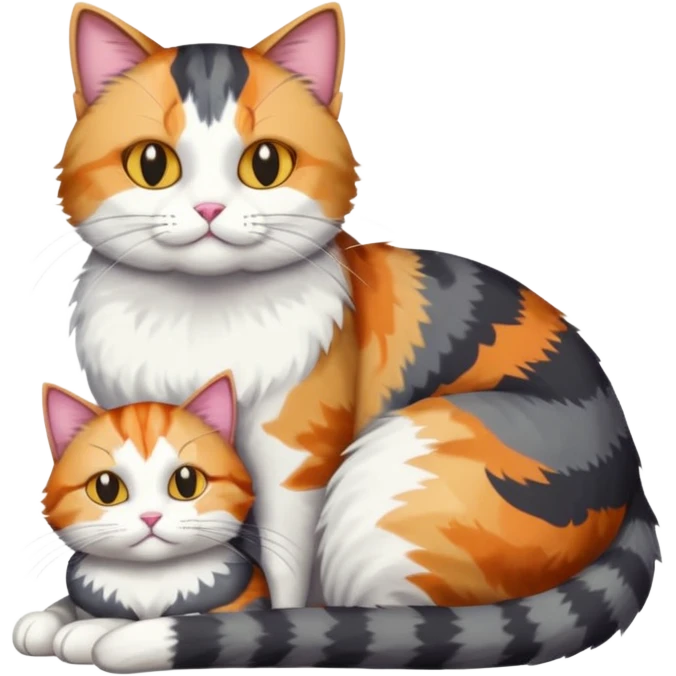 full body colourful light patched calico + white tabby cat cuddling a big dark grey and white tabby cat  emoji