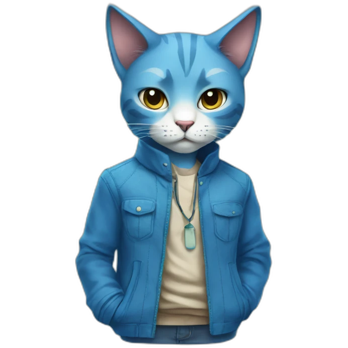 blue kawaï comics styled humanized cat wearing clothes emoji