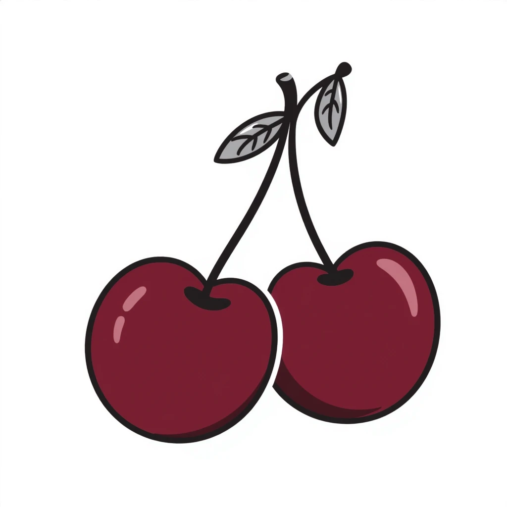 Hand-drawn pair of deep burgundy cherries with stem and leaves, dark rich red emoji