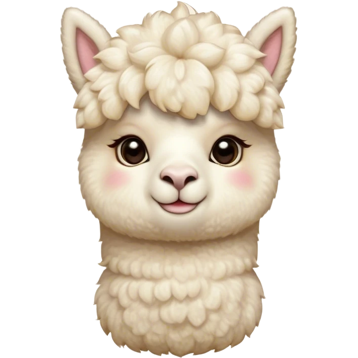 Cinematic Cute Cream Alpaca Portrait Emoji, Head tilted playfully and inquisitively, featuring a fluffy, cream fleece with a natural sheen, round, sparkling gentle eyes filled with curiosity, Simplified yet irresistibly adorable features, highly detailed, glowing with a warm, friendly glow, high shine, affectionate and gentle, stylized with a touch of whimsy, bright and endearing, soft glowing outline, capturing the essence of a mischievous yet loving alpaca, so playful it feels like it could prance out of the screen and into your arms! emoji