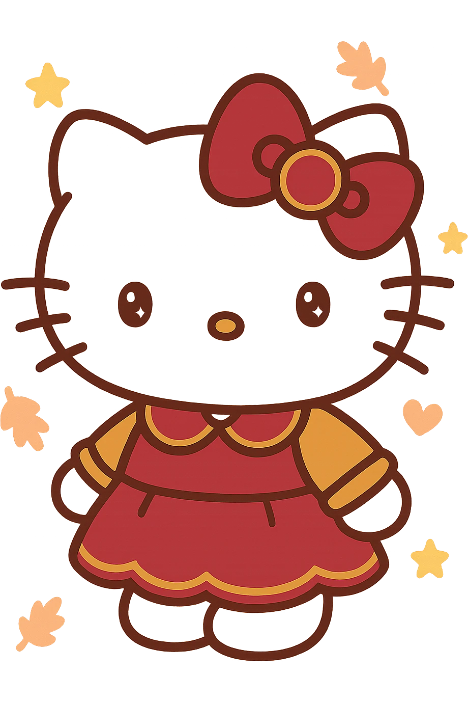 Hello Kitty Autumn Style, with a burgundy and metallic gold bow, and a matching outfit emoji