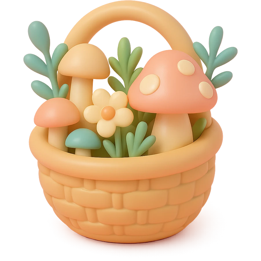 basket full of forest goodies including mushrooms, herbs, flowers in soft pastel colors, vinyl figure style emoji