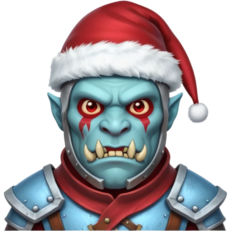 
Fantasy Christmas orc legion soldier icon, iron tundra army theme, heavy winter armor, disciplined brutal look, icy blue steel armor with deep crimson accents, frozen metal texture, cold winter atmosphere, male variant emoji