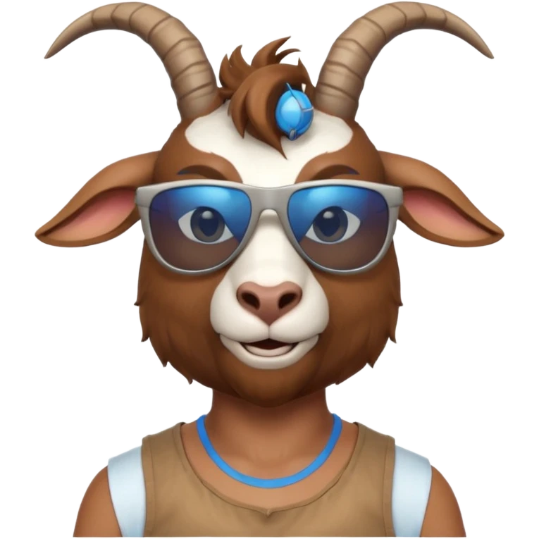 3D cartoon goat man portrait, head and shoulders, brown fur, small horns, blue reflective sunglasses, slight smile, tank top, soft lighting, centered, clean background, no text, no watermark
 emoji