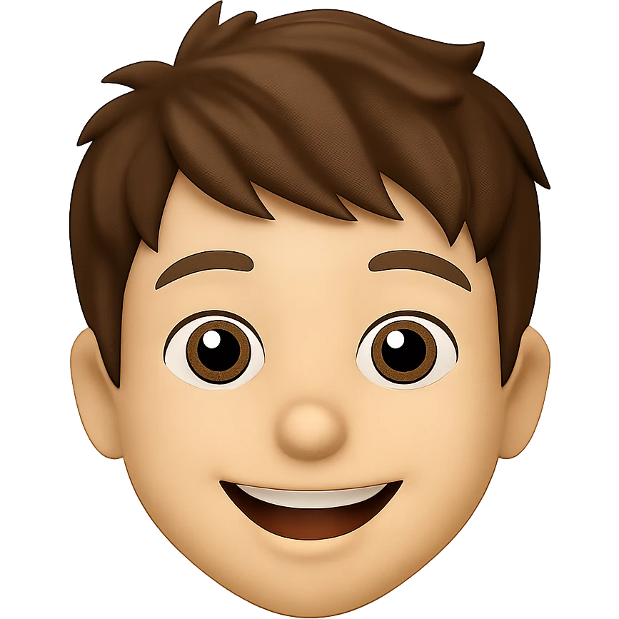 emoji face of a young person with short tousled brown hair, light skin, smiling expression emoji