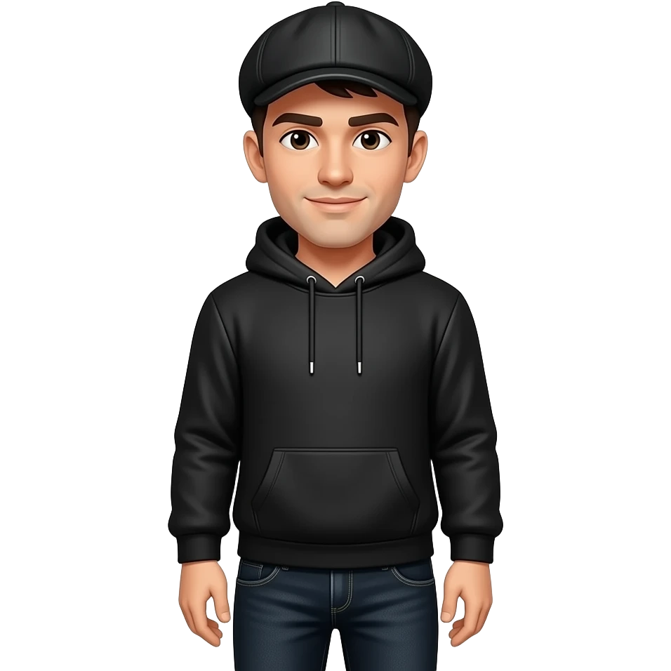 black hoodie black flat hat black jeans emoji