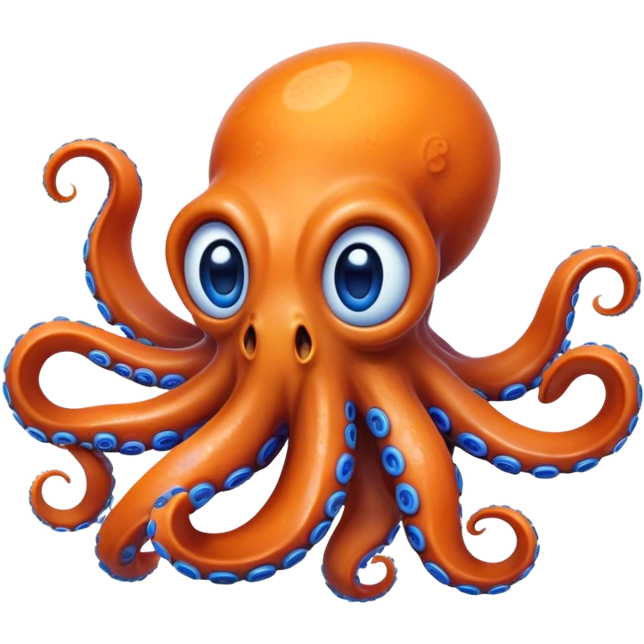 Cinematic Realistic Comical Octopus Portrait Emoji, Head tilted dramatically with an exaggeratedly amused expression, featuring a striking, glossy orange body adorned with bold blue rings and wide, expressive eyes brimming with playful disbelief; rendered with vivid natural textures and dynamic highlights, high shine, dramatic yet playful, styled with an air of cheeky ocean mischief, soft glowing outline, capturing the essence of a spirited and over‐the‐top octopus that looks ready to squirt ink its way into viral fame! emoji