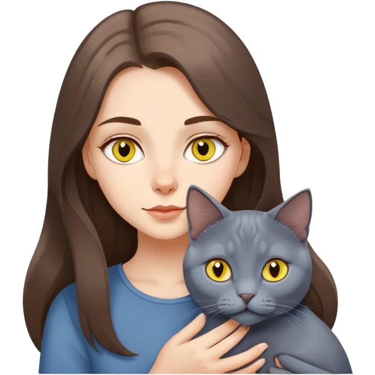 White girl with long brown hair holding russian blue cat with yellow eyes  emoji