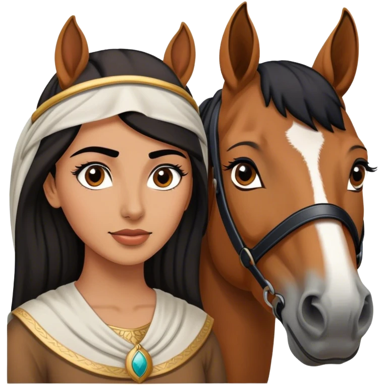 Middle Eastern woman with black and well defined eyebrows next to a horse  emoji