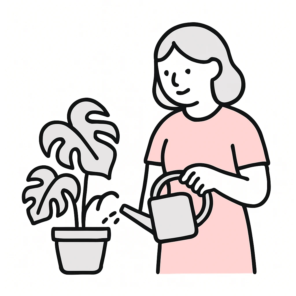 woman watering her monstera plant emoji