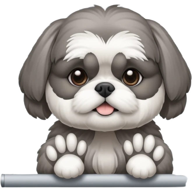 cute all grey shih tzu peeking through window blinds with one paw holding down the shade behind the shade emoji