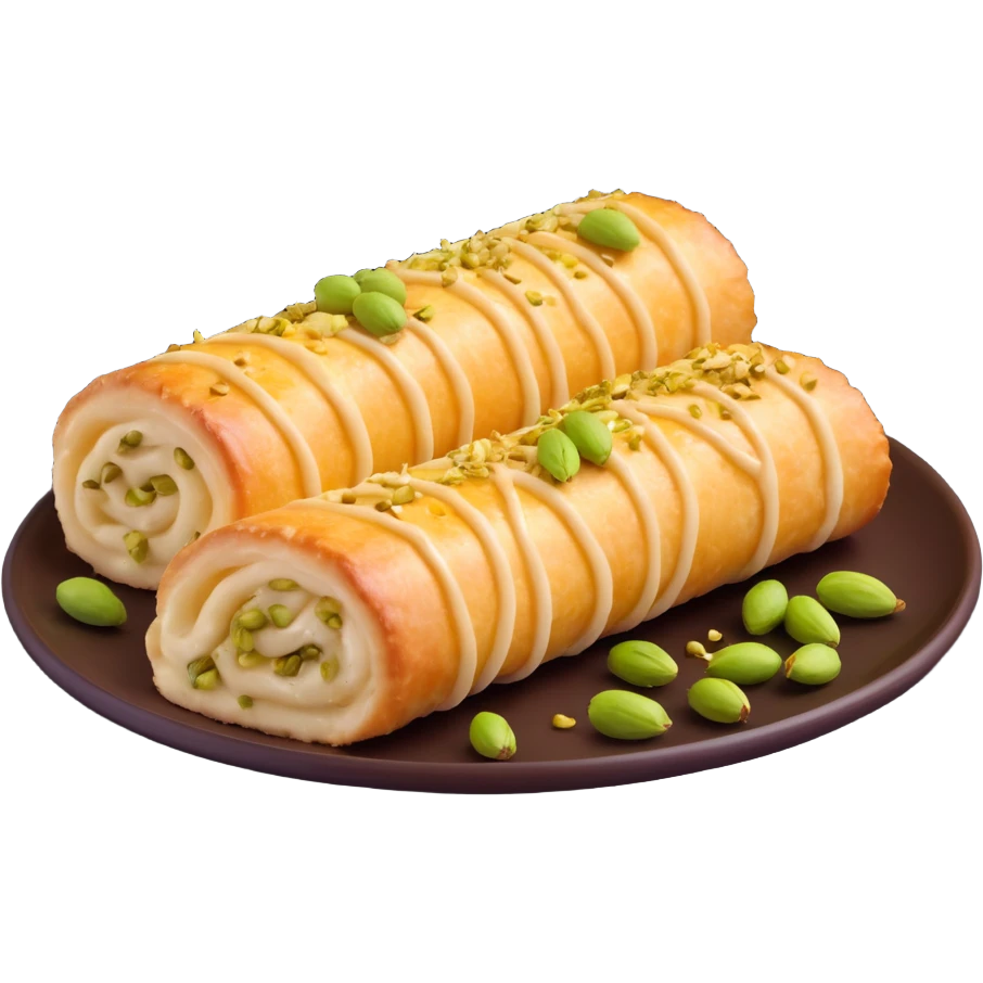 Halawet el Jibn dessert, rolled cheese and semolina pastry with creamy filling, drizzled with syrup and sprinkled with pistachios, appetizing and inviting, on a small plate emoji