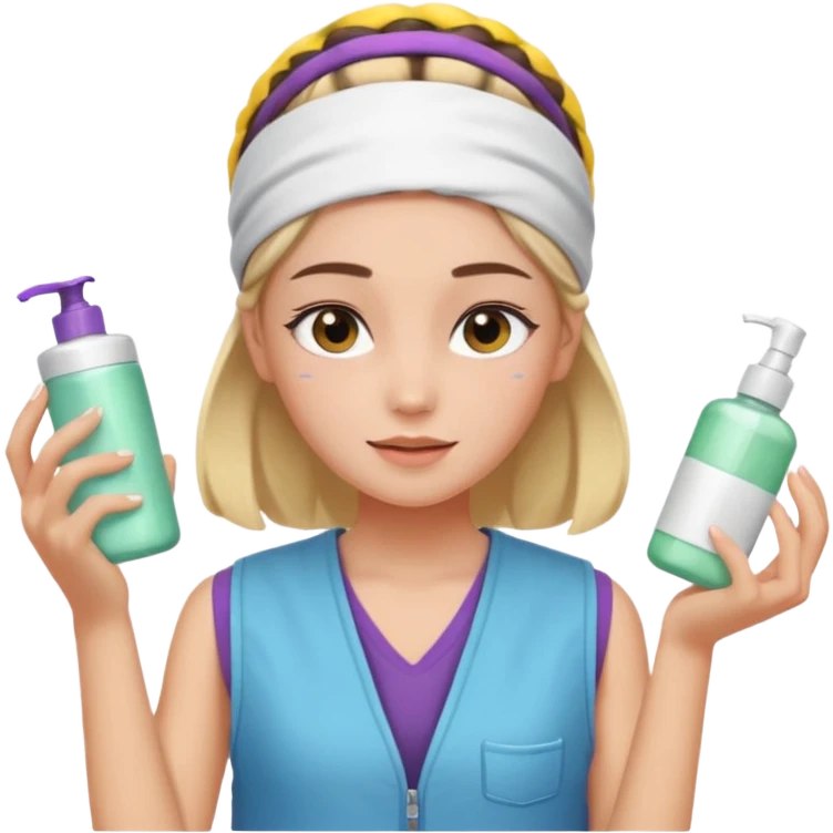 Clean girl aesthetic emoticons, apply skincare products, headband, glowing skin, vest, soft lighting
 emoji