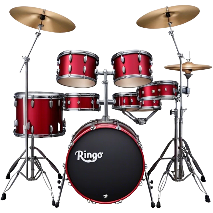 Create a bold and energetic emoji representing Ringo Starr's drum kit with two bass drums. The design should feature the iconic setup of two large bass drums positioned side by side, with snare drums, cymbals, and tom-toms arranged around them. The drums should have a sleek, professional look, with a vintage or classic finish that reflects Ringo Starr's famous style. Add subtle musical notes around the setup to symbolize rhythm and performance. Use colors like deep red, black, and chrome to emphasize the classic rock aesthetic of the kit. The background should be transparent. emoji