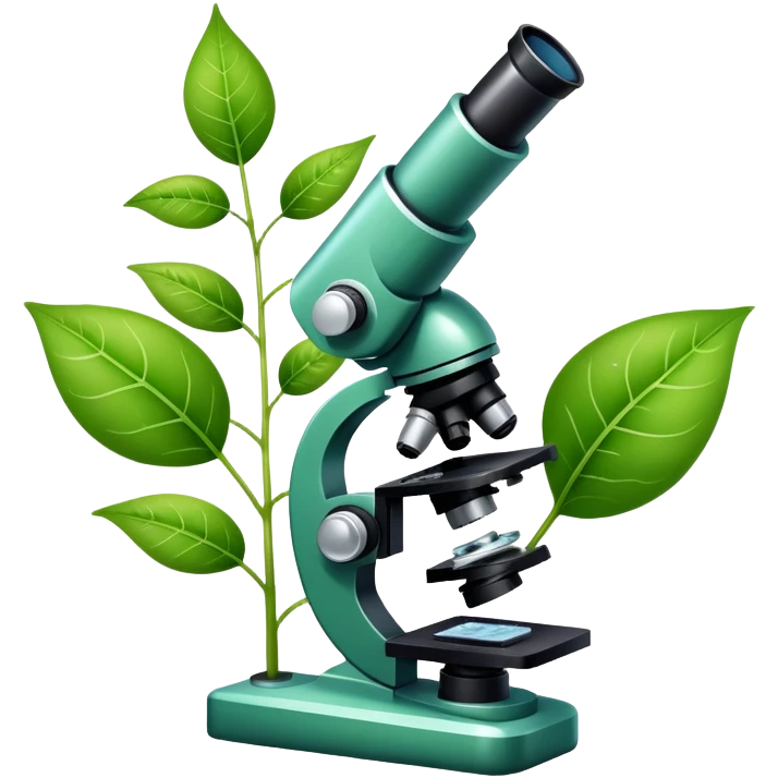 An icon featuring a microscope, a DNA strand, and a plant, symbolizing biology. The design includes animal cells, a leaf, and scientific formulas, representing the study of living organisms and ecosystems. Transparent background highlights biological research and discovery. emoji
