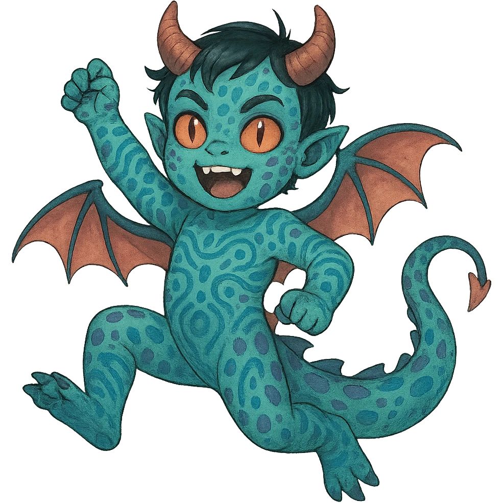 cute energetic young child with a dragon's body and tail, demon horns and eyes, and alien skin patterns emoji
