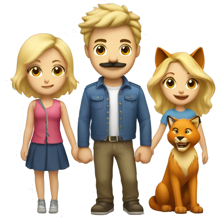 One blonde guy with mustache and one blonde gal kissing and holding hands with a lion on the left and a fox on the right  emoji