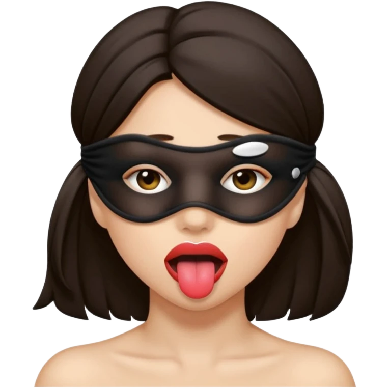woman with dark brown hair wearing black blind fold completely covering her eyes. tongue out emoji