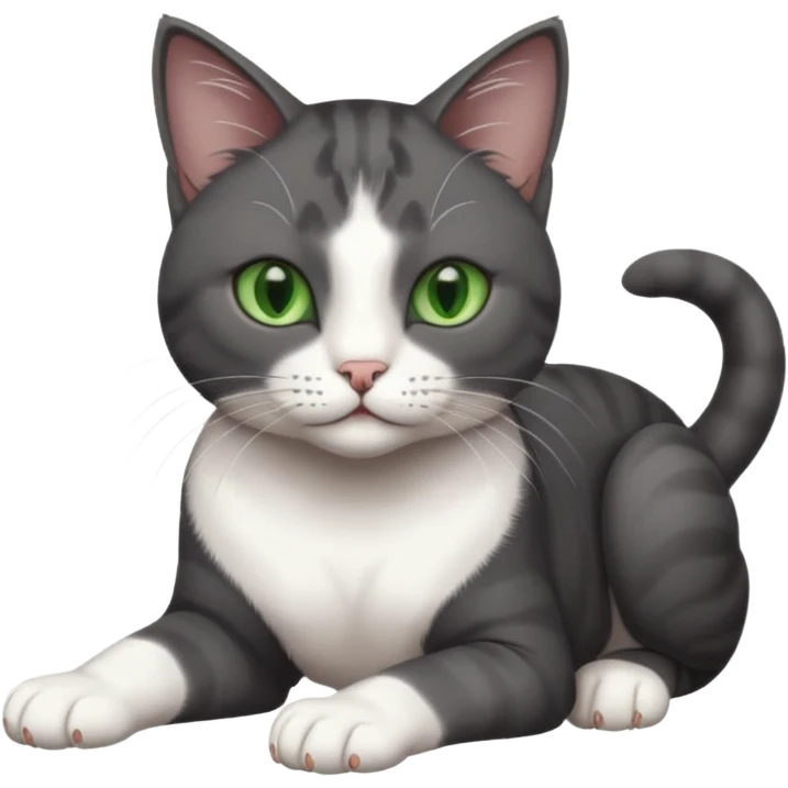 beautiful female solid dark grey cat with green eyes, white toes/paws and white patch on her chest rolling over emoji