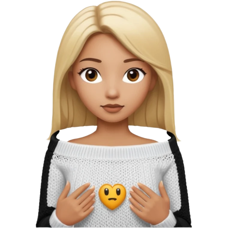 Mujer color de piel moreno claro, con cabello rubio largo, lacio y suelto, ojos negros viendo a la cámara, usando un suéter off shoulders blanco emoji