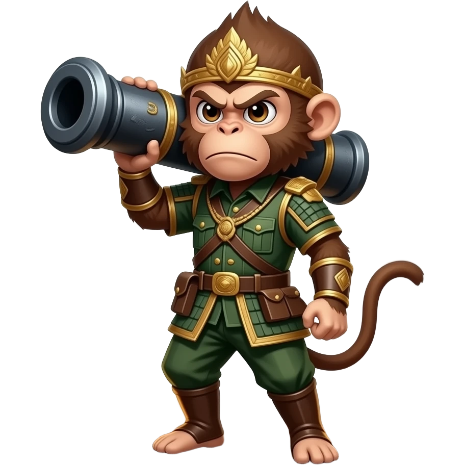 A Thai monkey soldier (Basic), brown fur, carrying a traditional cannon on shoulder, fierce look, smoke and sparks, battlefield background, card game style. emoji