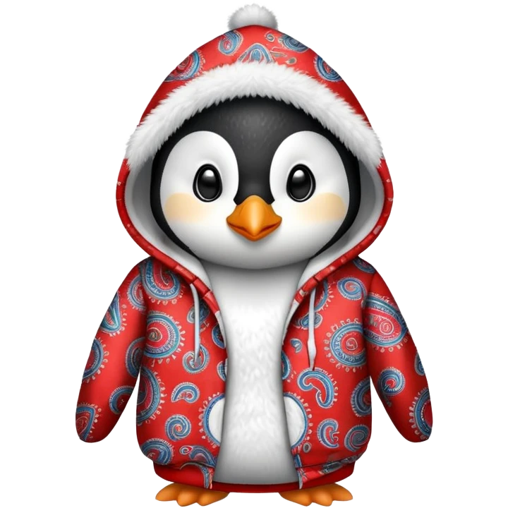 penguin wearing a red paisley pattern hoodie emoji