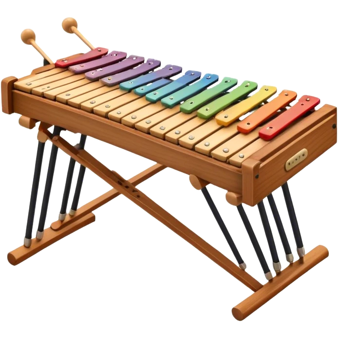 Create a vibrant and detailed emoji representing a large professional wood xylophone. The design should feature the sleek wooden keys of the xylophone, arranged neatly on the frame, with metal bars clearly visible. Add the mallets placed beside the instrument or in motion, highlighting their soft rubber heads. Use warm, natural wood tones for the keys, with subtle metallic accents to reflect the professional quality of the instrument. Add small musical notes or soundwaves around the xylophone to evoke its bright, percussive sound. The background should be transparent. emoji