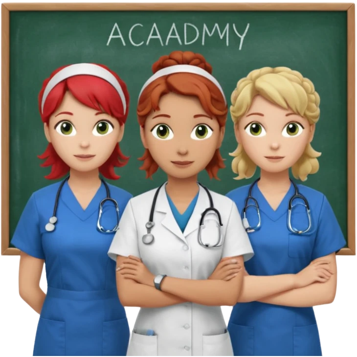 3 nurses: nurse 1 is wearing green work clothes, curly hair, middle european. nurse 2 is wearing blue work clothes, blond straight hair, scandinavic, nurse 3 is wearing white work clothes, red hair put into a bun, slavic. they all stand in a classroom, "Academy" written in white on board emoji