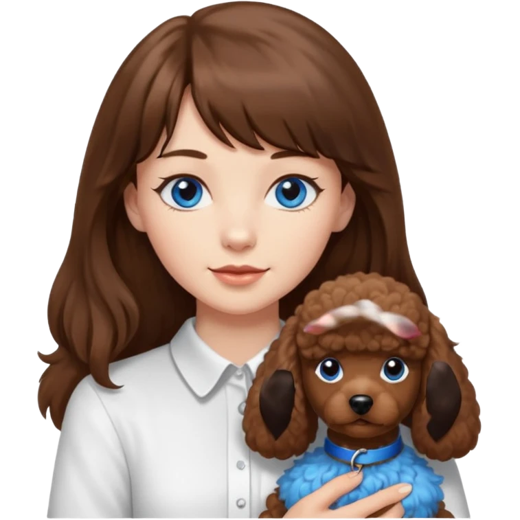 Kobieta z długimi brązowymi włosami, ma grzywkę i niebieskie oczy. Ubrana w białą koszulę. Trzyma na rękach brązowego pudelka. emoji