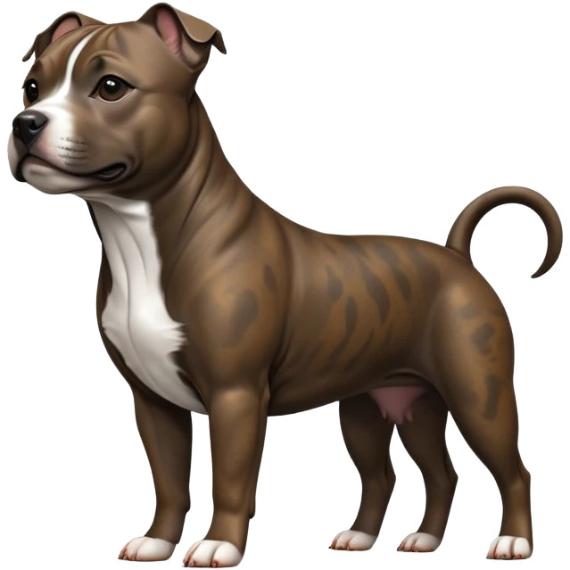 cinematic-[Staffordshire bull terrier]-realistic-full-body-standing-emoji,-tail-resting-loosely-beside-its-paws,-head-tilted-dramatically, -sleek-[dark solid brindle]-fur,-simplified-yet-realistic-focused-features,-highly-detailed,-glowing-with-an-almost-sarcastic-glow emoji