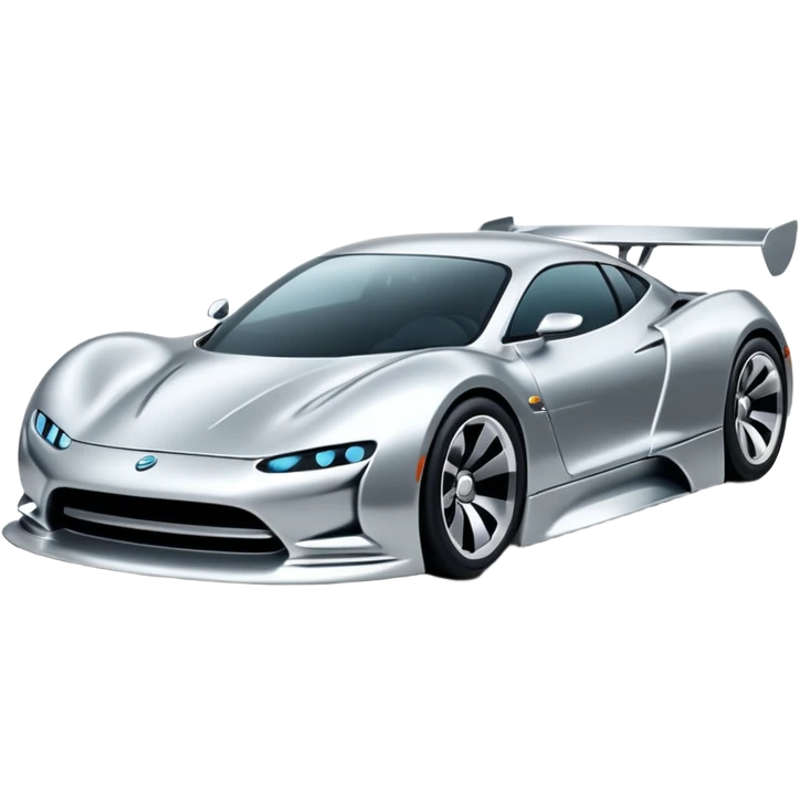 A low-profile futuristic car emoji made of polished silver chrome, wide body stance, smooth aerodynamic shape, glossy metallic surface, soft reflections, luxury swag aesthetic, minimal details, iOS emoji style, centered on clean white background, studio lighting emoji